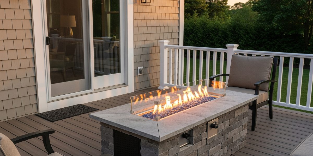 Custom gas fire pit built into a composite deck in Long Island by Eled Decking