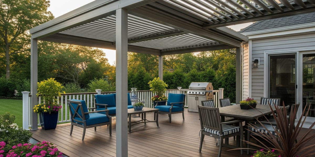 Backyard deck with custom pergola shade structure built by Eled Decking in Long Island